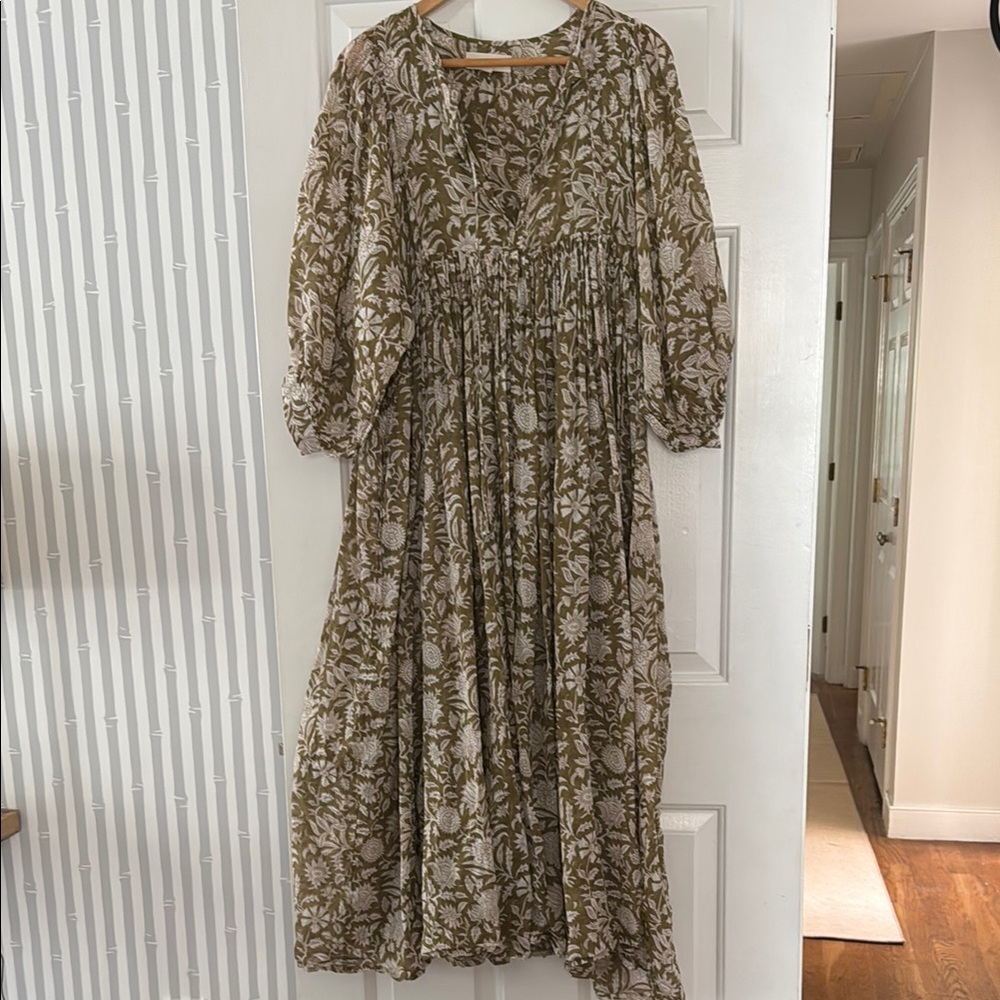 Daughters of India Tan Smocked Sundress with Bishop Sleeves